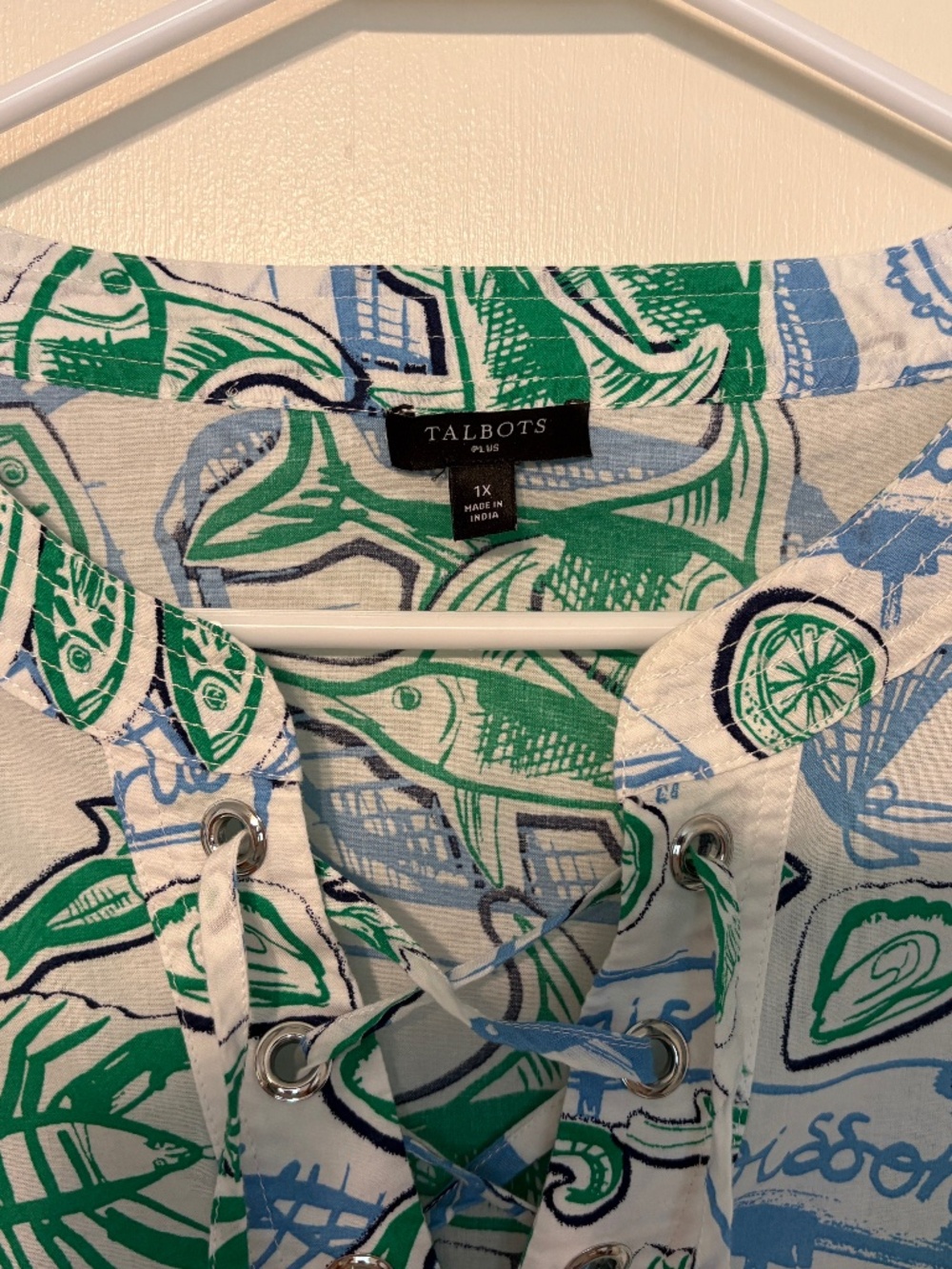 Talbots Women's Plus "Fish Market" Lace-Up Popover Tunic Shirt Top Blouse 1X - Picture 3 of 9